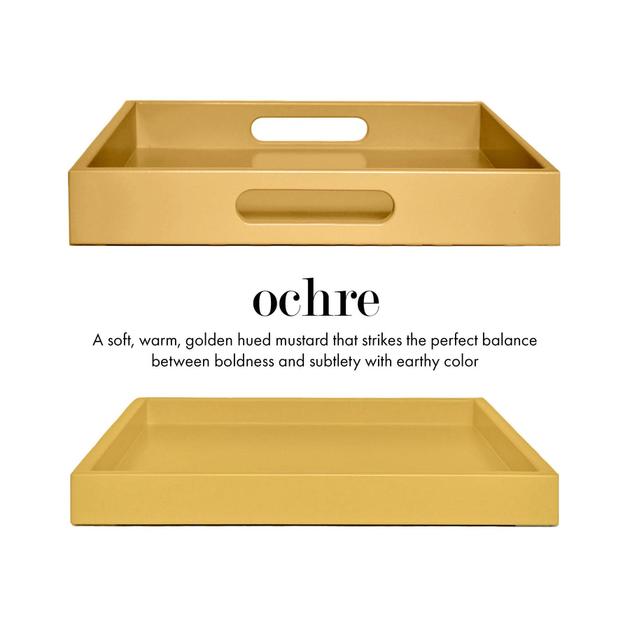 Soft Mustard Shallow Wood Tray | Decorative Coffee Table & Ottoman Decor – Ochre